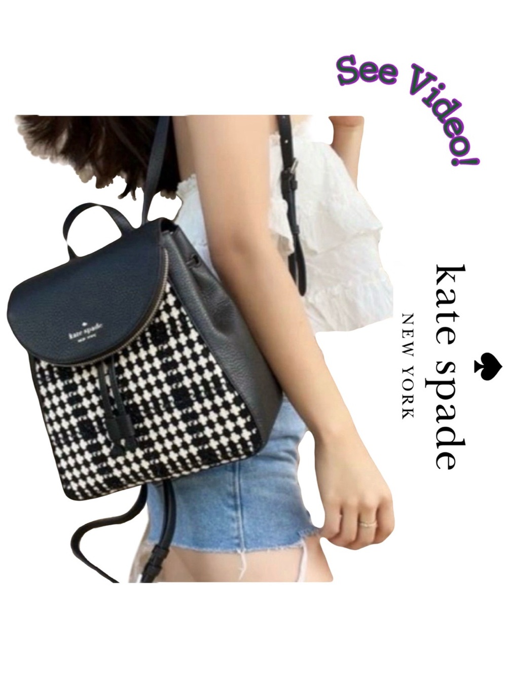 Kate Spade NY Tweed & Leather Layla Medium Flap Backpack MSRP $359 Herringbone